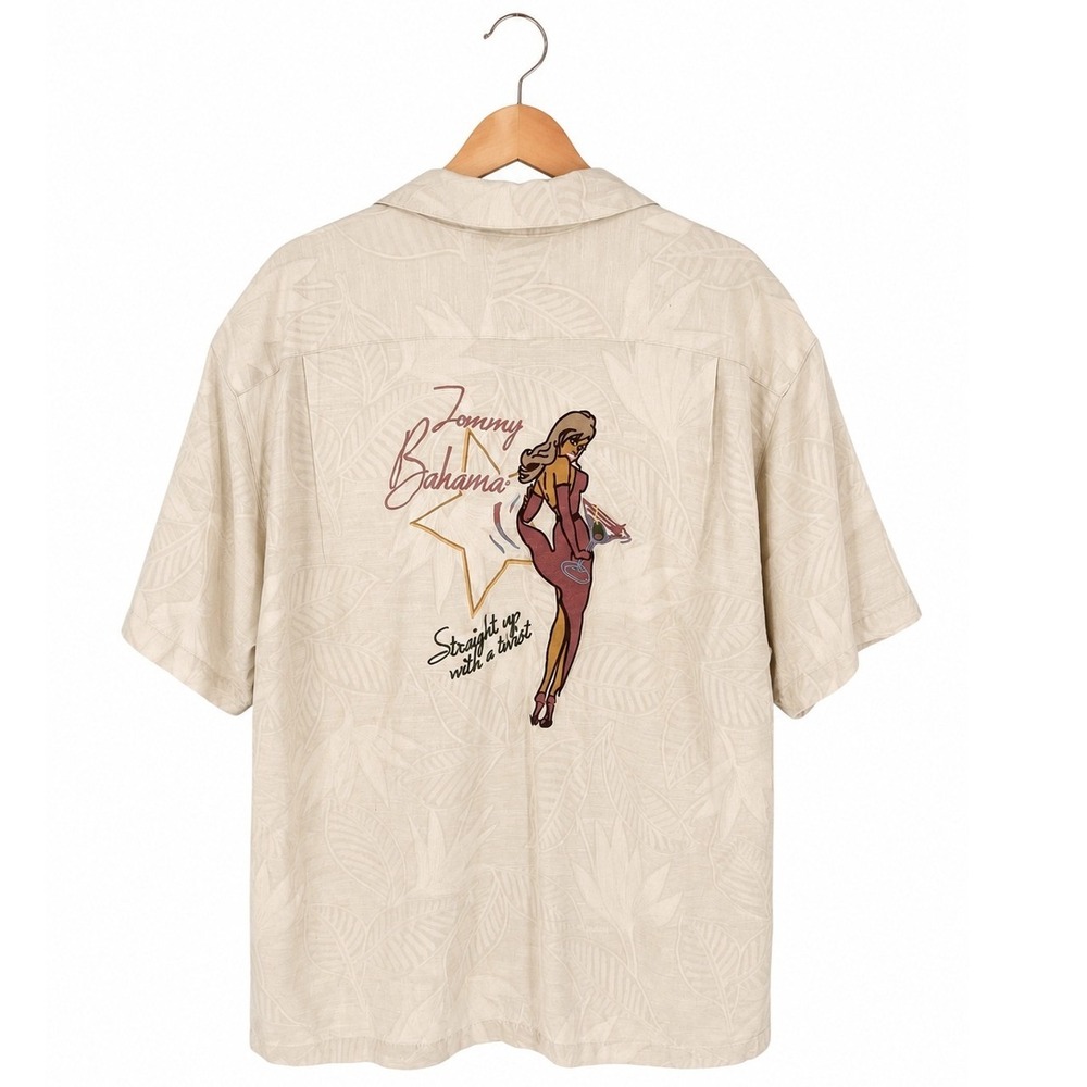 Tommy Bahama Mens M Silk Camp Shirt Straight Up With A Twist Pinup Tan Leaf